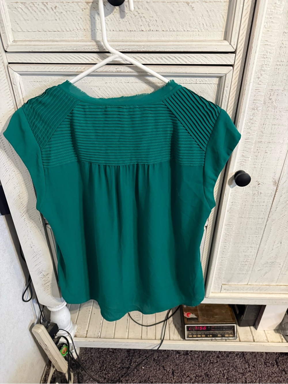 Daniel Rainn Emerald Pleated Yoke Cap-Sleeve Blouse